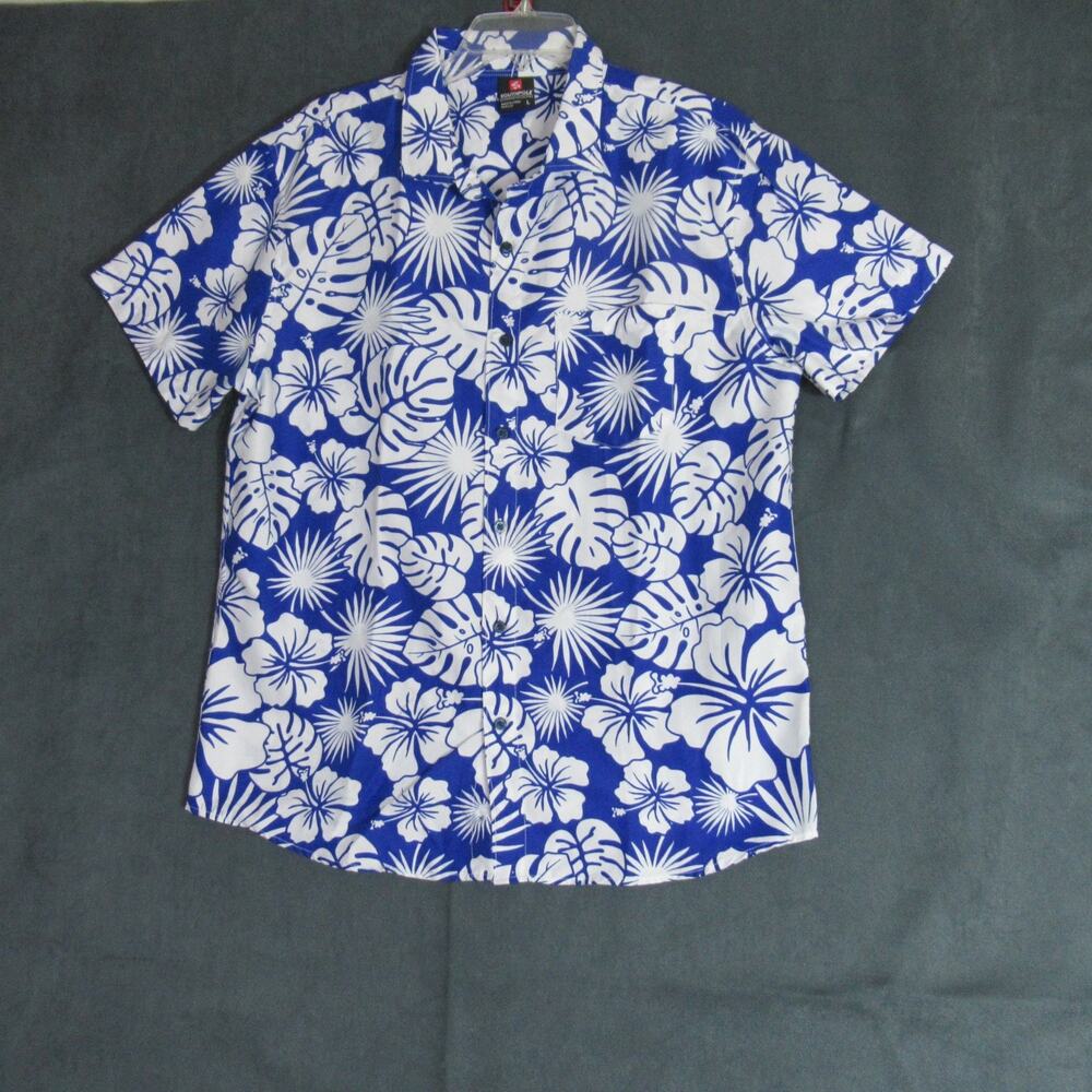 Southpole Shirt Men Large Blue White Tropical Button Short Sleeve Hawaiian Camp